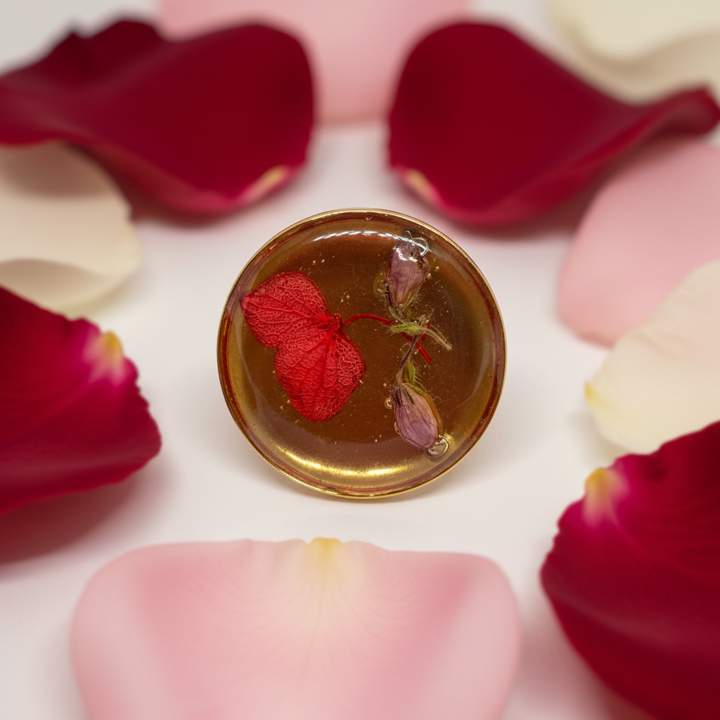 Håndlagede smykker med tørkede blomster i epoxy-resin - ringer, øredobber og anheng fra VilleBlomster