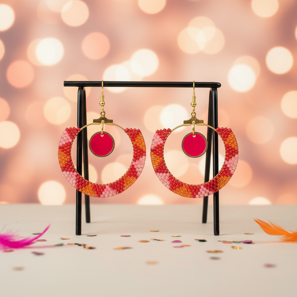 Samba Miyuki øredobber i karnevalstil - fargerike perler i rosa, oransje og rødt
