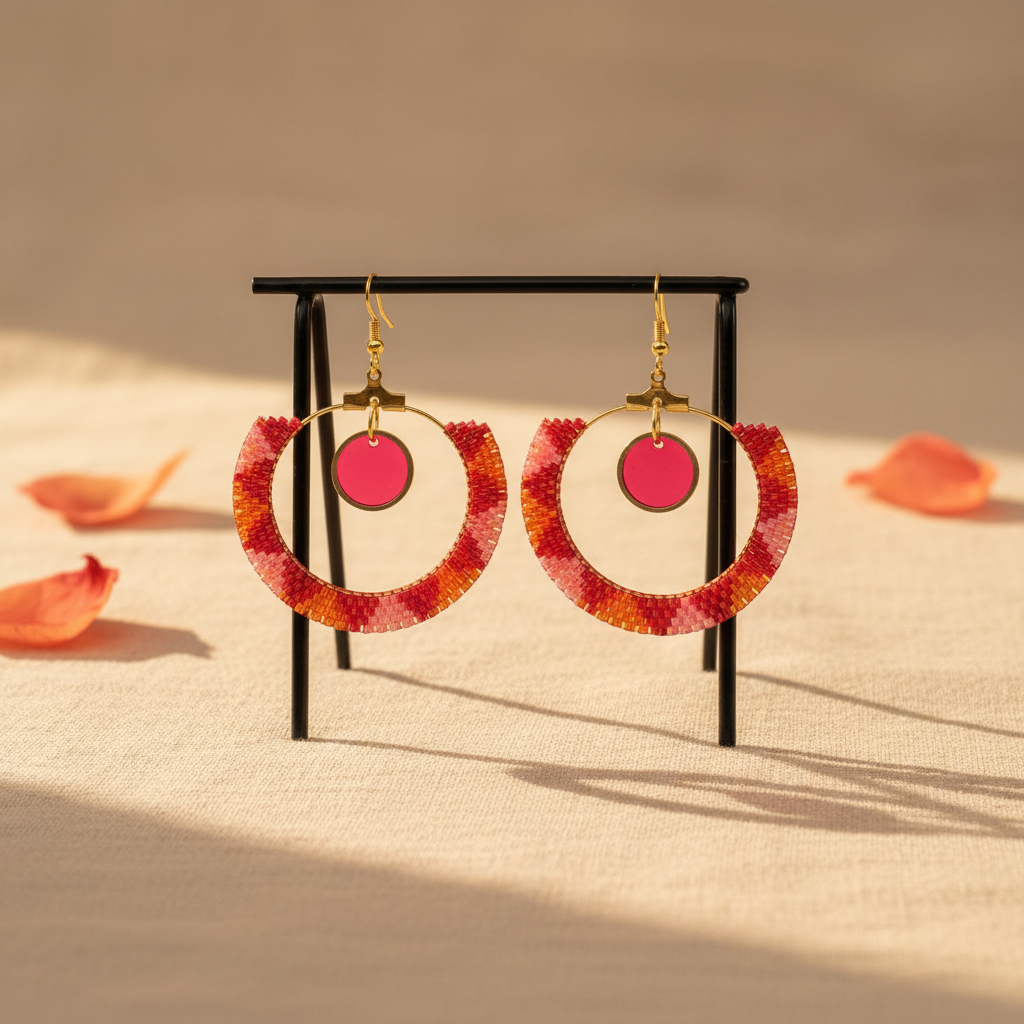 Samba statement øredobber med dobbel ring - håndvevd med Miyuki seed beads og harpiks
