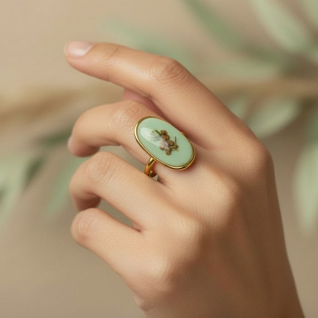 Mint - Epoksyharpiks Ring med Pressede Blomster