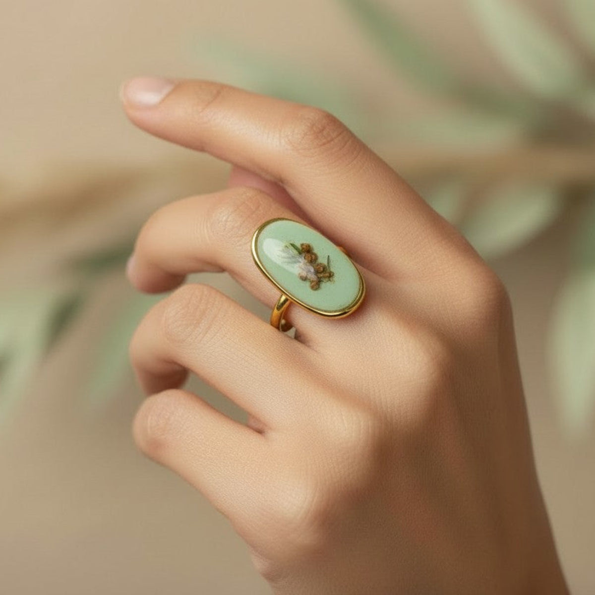 Mint - Epoksyharpiks Ring med Pressede Blomster