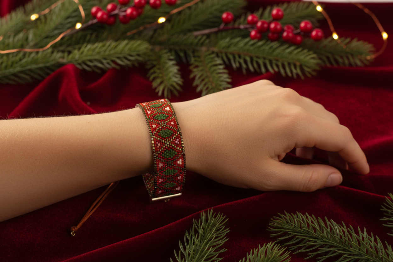 Brazalete Miyuki Juletre puesto en brazo con fondo navideño y terciopelo rojo