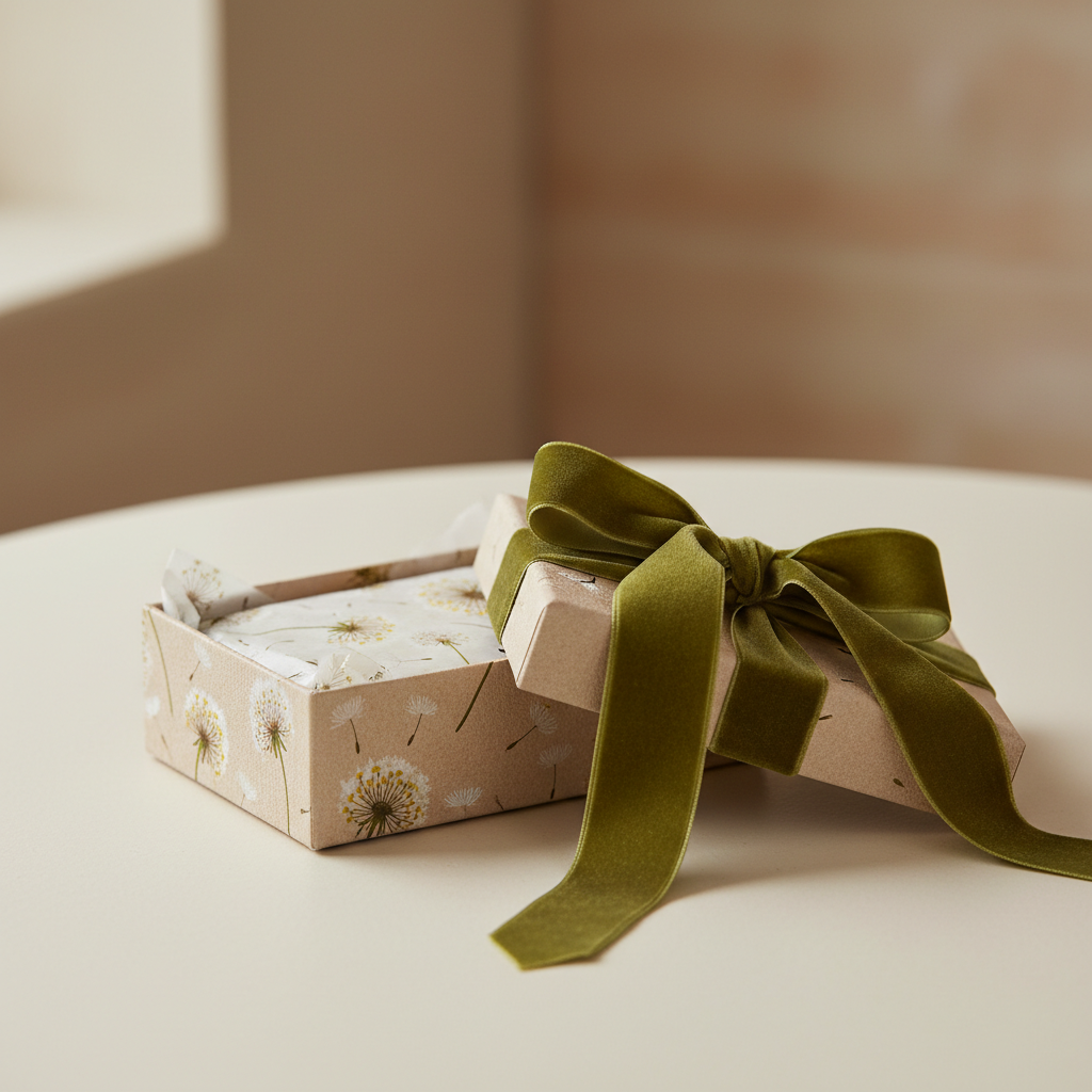 Cajita beige abierta con lazo de terciopelo y flores de diente de león