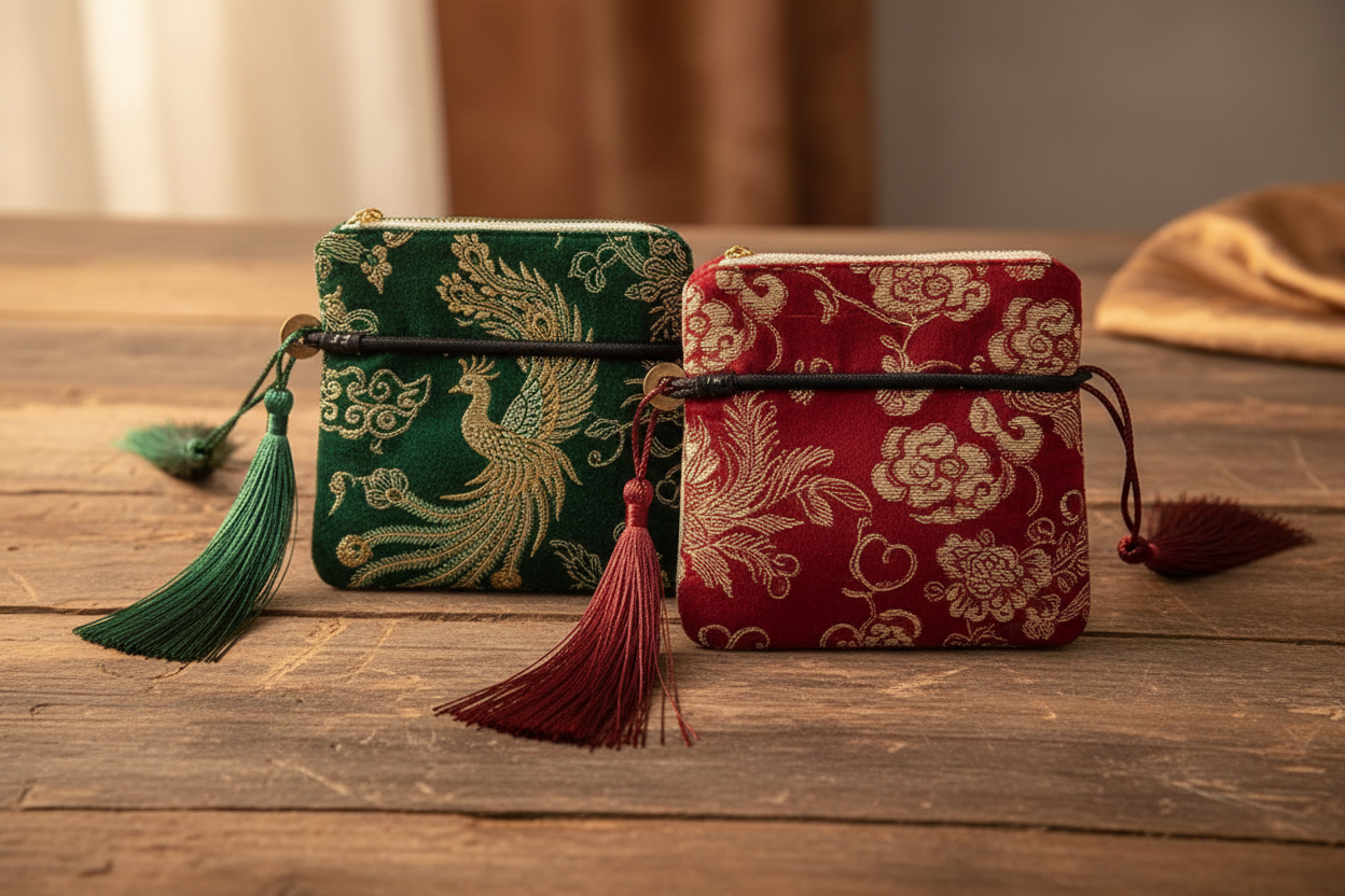 Composición de bolsitas de terciopelo en fondo vintage rústico