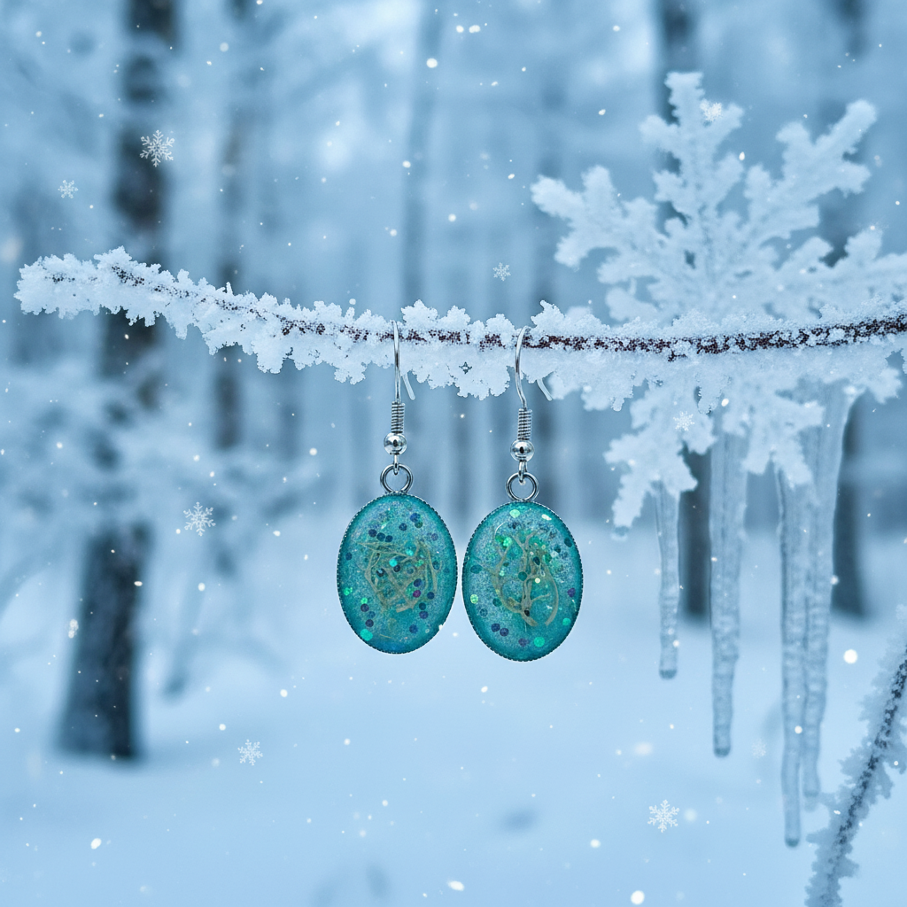 Frozen øredobber con musgo blanco en ramita invernal