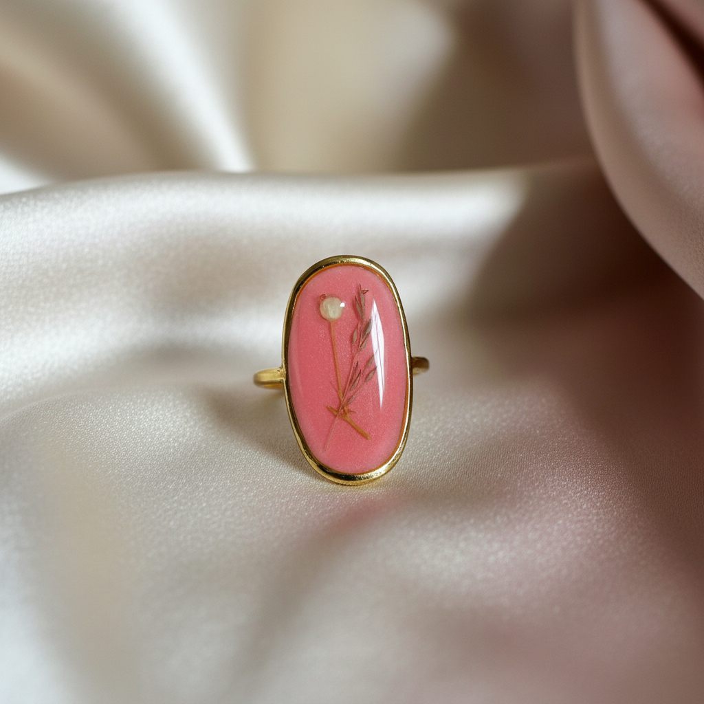 Brilliant Rosa - Epoksyharpiks Ring med Pressede Blomster