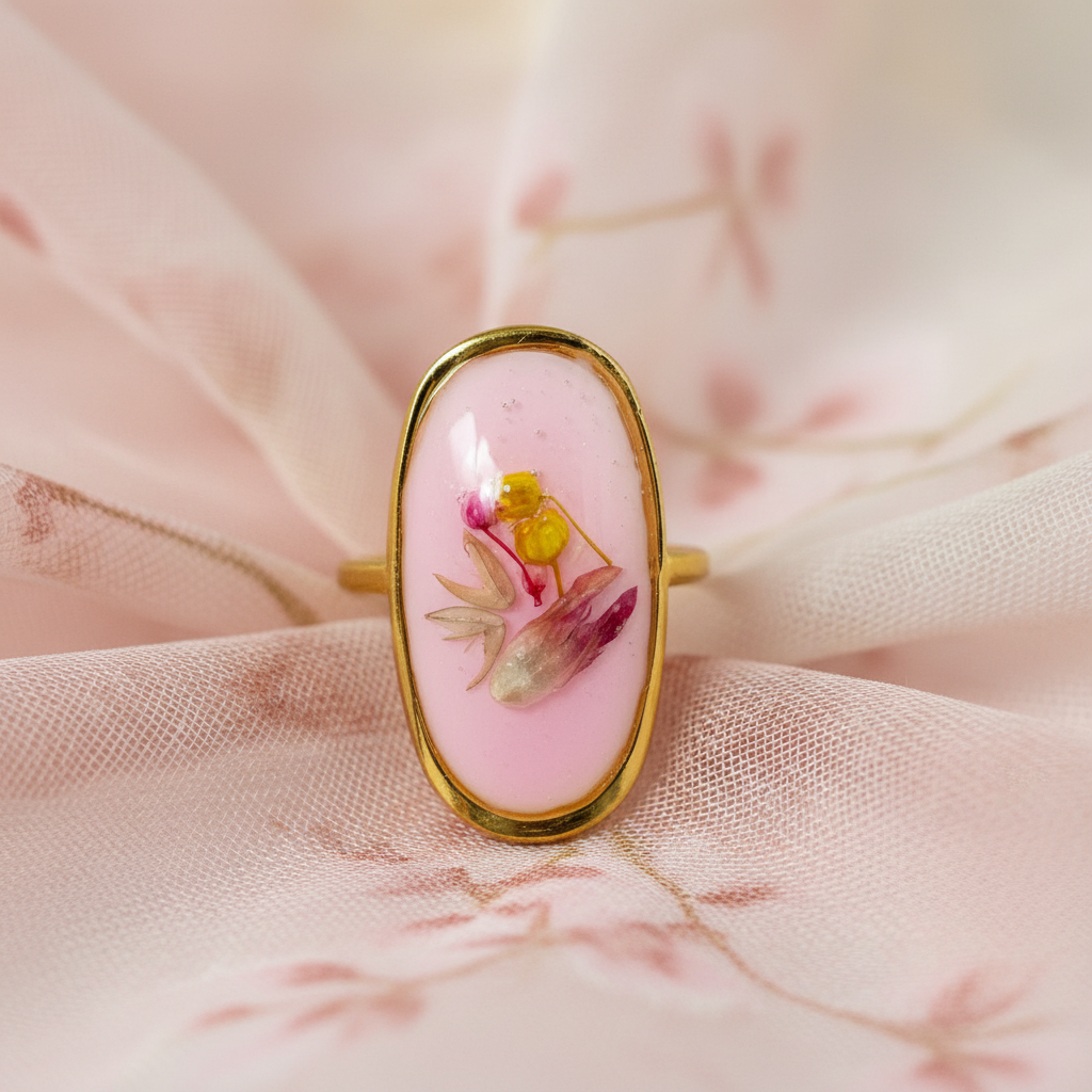 Lille Rosa - Epoksyharpiks Ring med Pressede Blomster