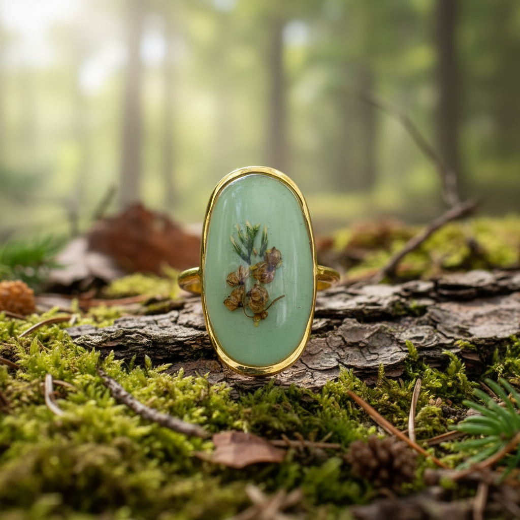 Mint - Epoksyharpiks Ring med Pressede Blomster