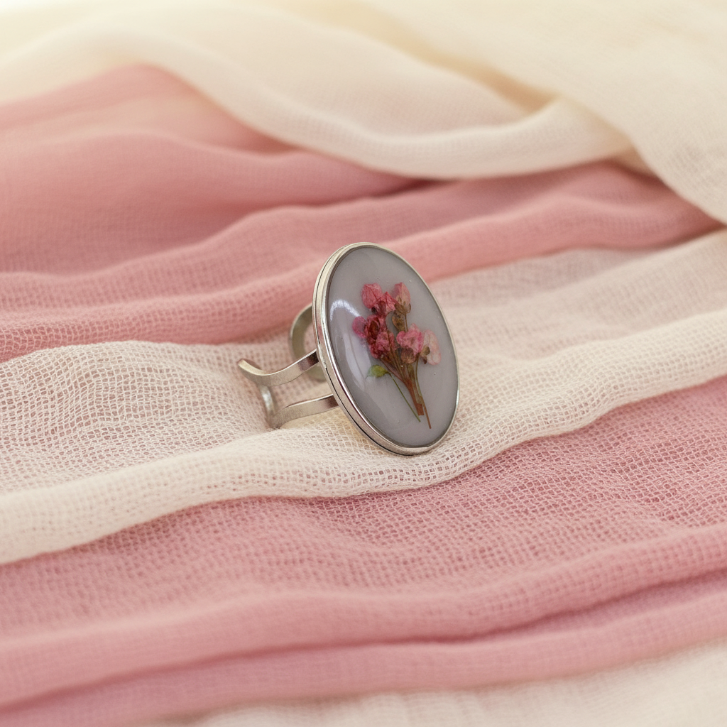 Rosa Rosae ring vista lateral sobre gasas en tonos rosa