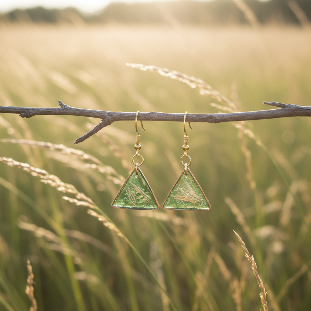 Emerald epoxy øredobber colgados de ramita natural con fondo de pradera