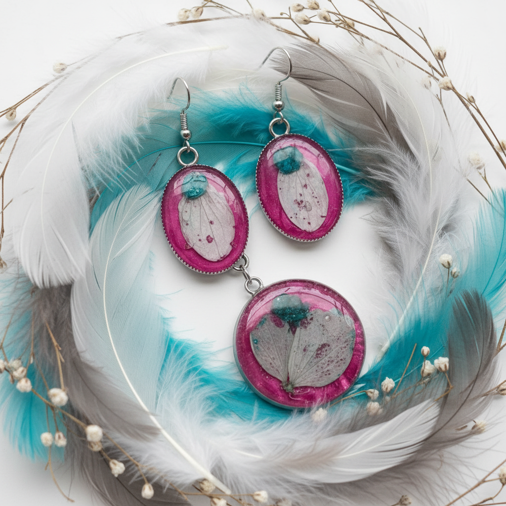 Pocahontas epoxy smykkesett con plumas naturales en tonos blancos, grises y turquesa