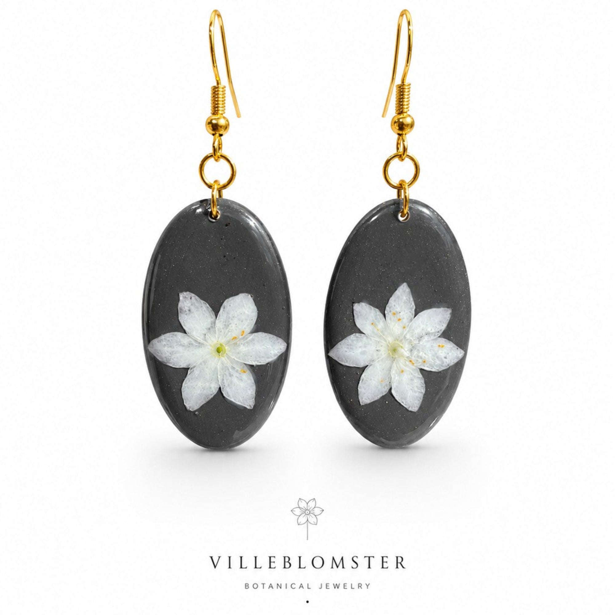 Skogstjerne S2 – Øredobber med ekte hvit blomst i resin – Botaniske sorte øredobber, håndlaget blomstersmykke, naturinspirerte ovale øredobber