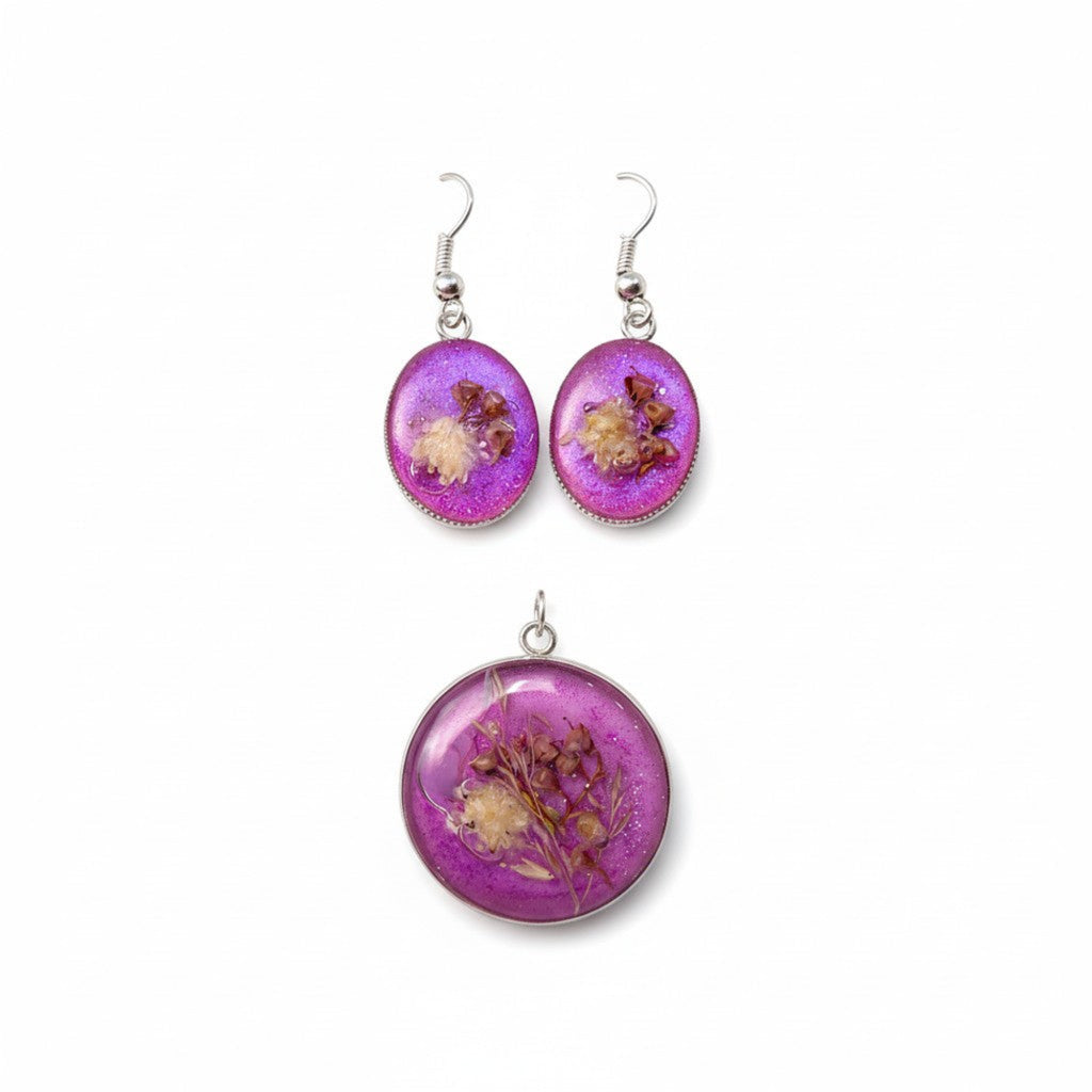 La vie en fuchsia - Håndlagde Epoxy Smykkesett med Tørrede Blomster