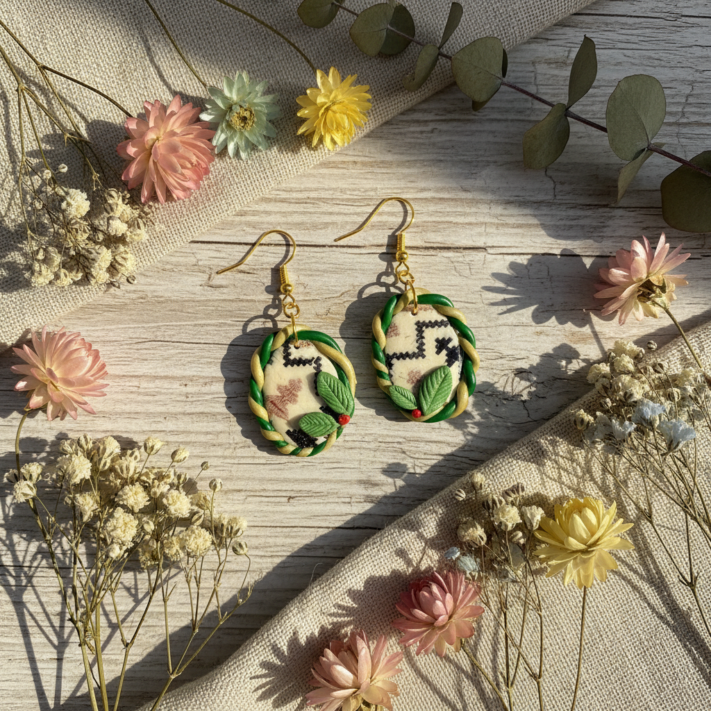 Jul 2 earrings with rustic vintage spring background