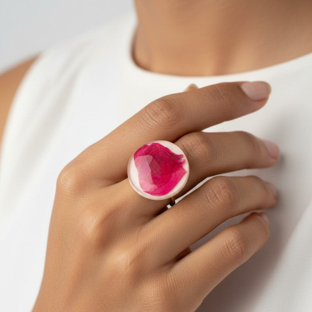 La Paredita Collection Ring geranio 2 – Justerbar botanisk ring med ekte geraniumblad fra Tenerife – Håndlaget resinring