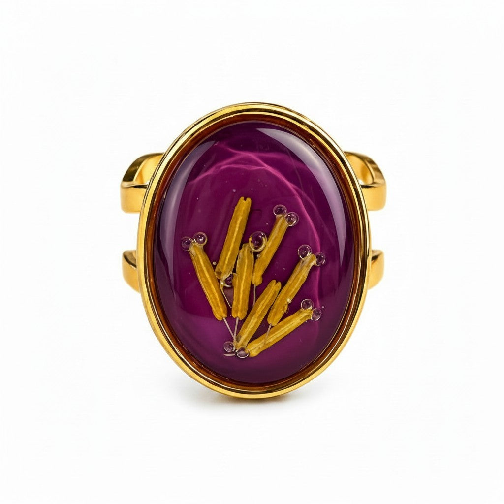 LV Oval - Håndlaget ring med ekte blomster – unik gave – naturinspirert smykke - justerbar ring