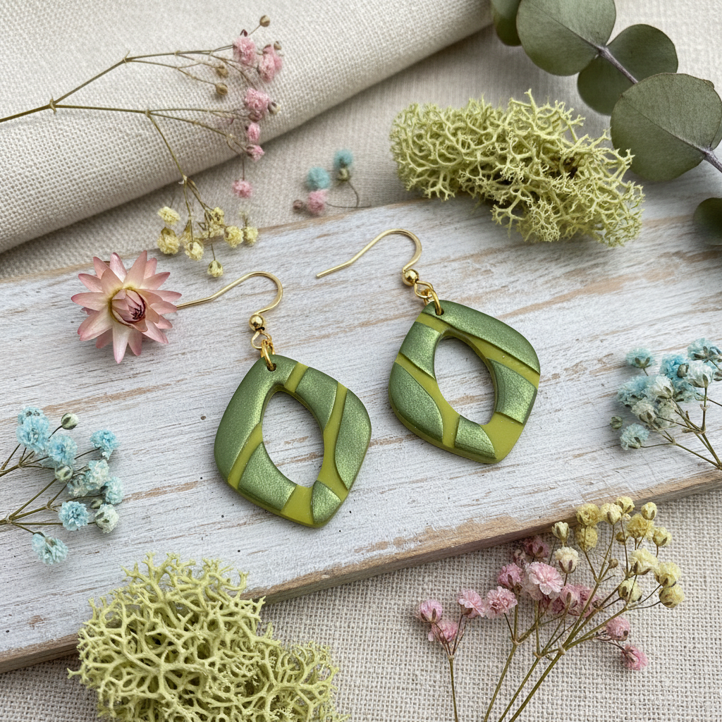 Malakitt earrings with rustic vintage spring background