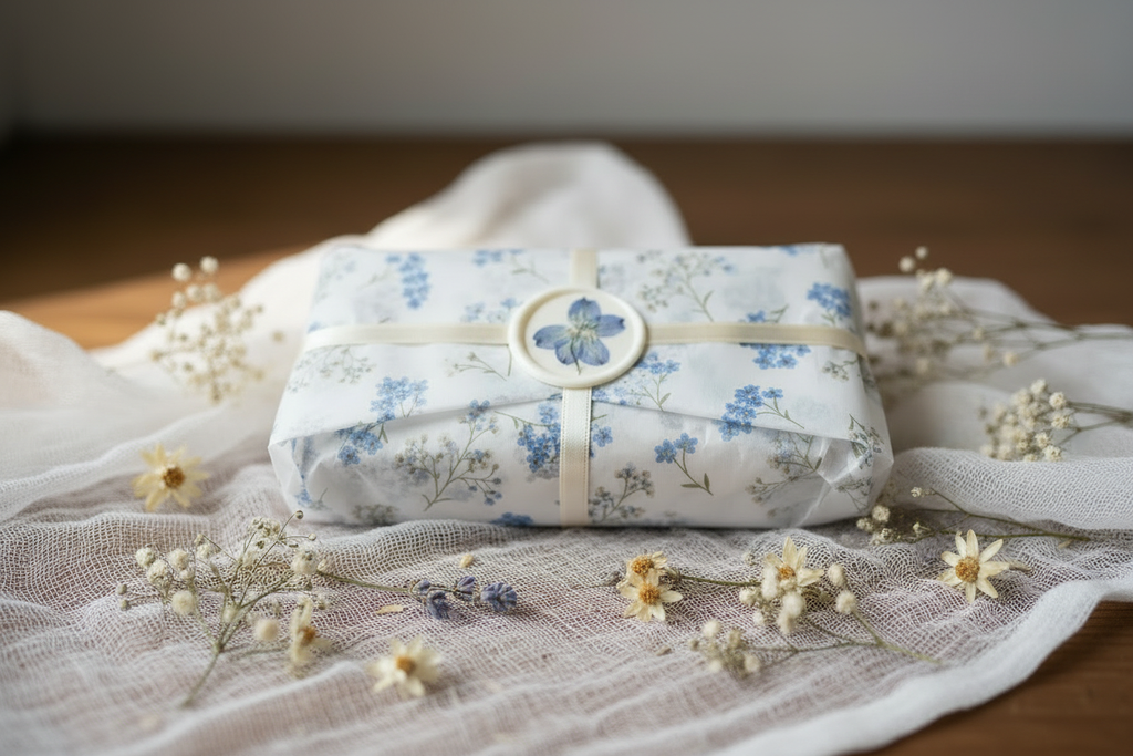 Paquete con papel de seda, sello de cera, gasa y florecillas en fondo vintage