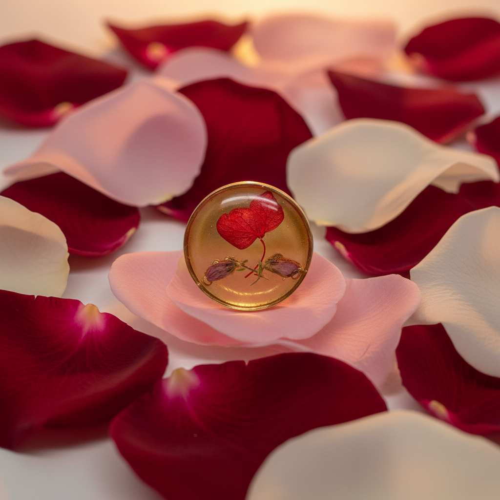 Passion ring vista frontal con pétalos de rosa