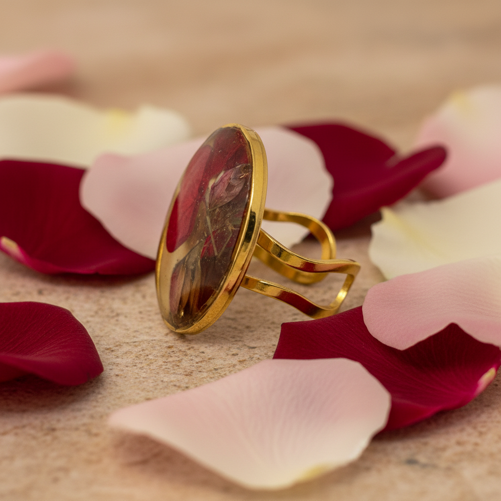 Passion ring vista lateral con pétalos de rosa