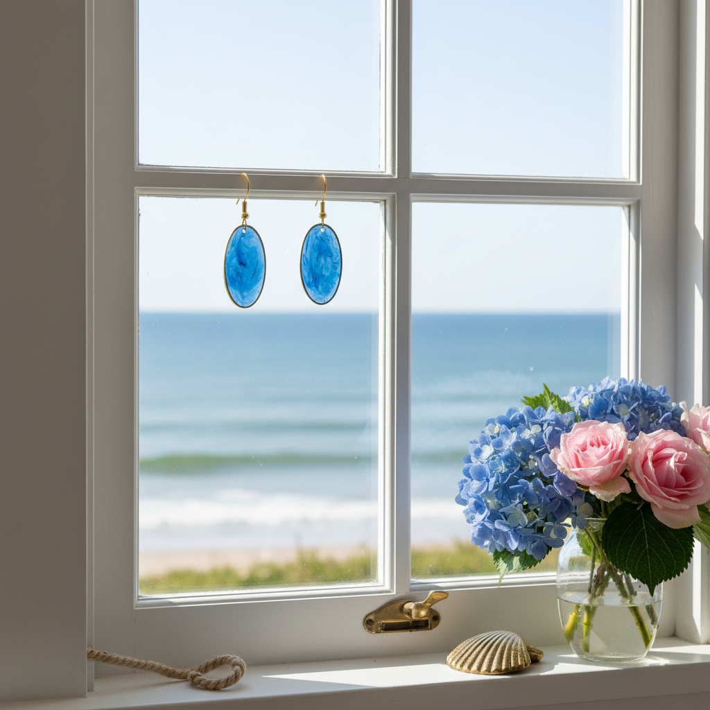Pendientes Neptuno en ventana de Cape Cod con flores