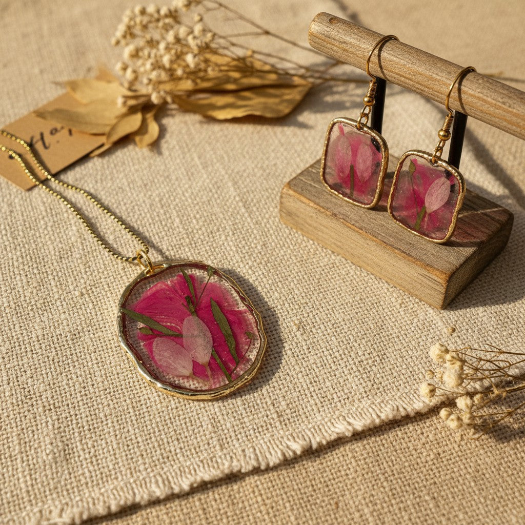 Rose - Håndlagde Epoxy Smykkesett med Tørrede Blomster