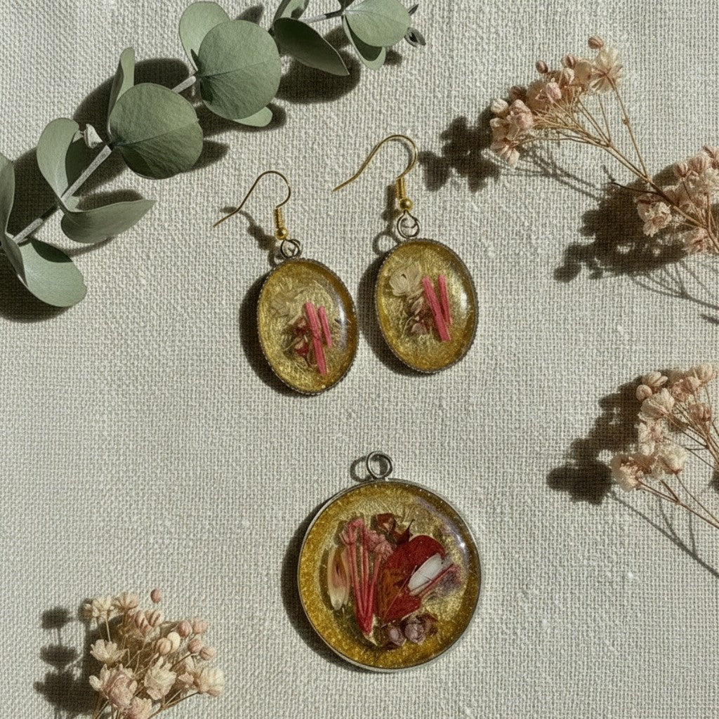 Ambar - Håndlagde Epoxy Smykkesett med Tørrede Blomster
