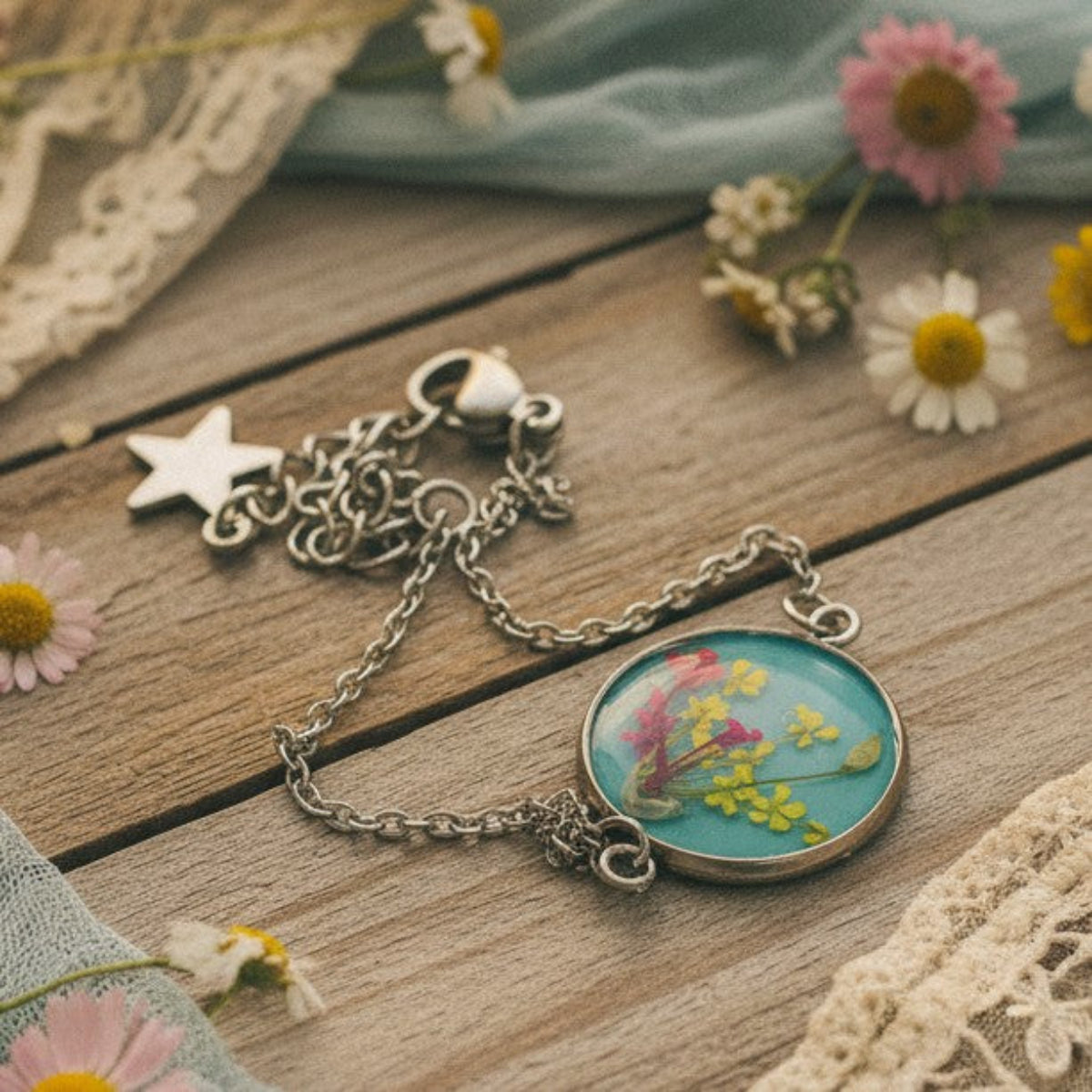 SPRING - Håndlaget Armbånd med Epoksyharpiks og Blomster i Turkis